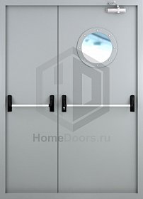 Двойная противопожарная дверь EI-60 со стеклом и штангой фото